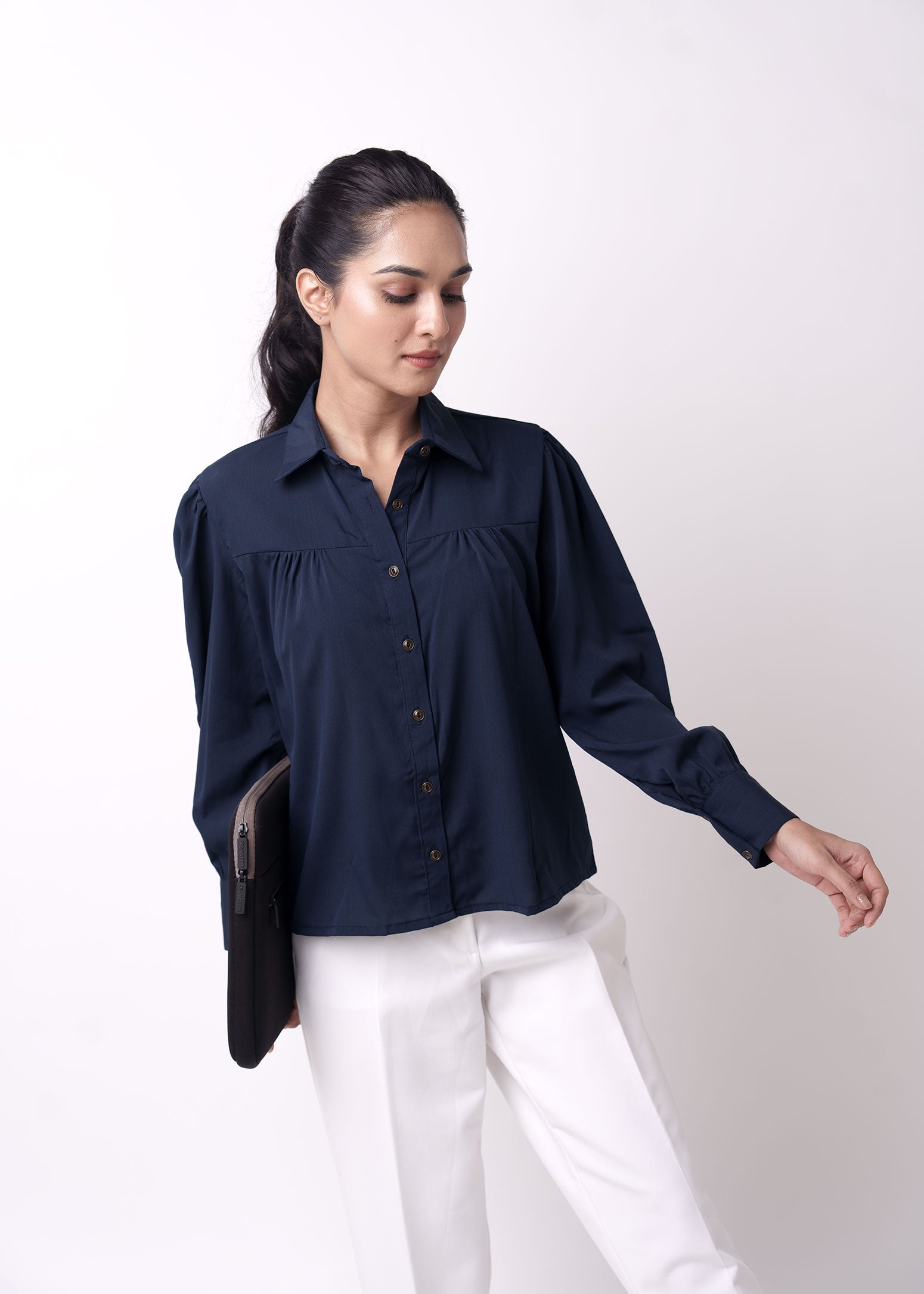 Navy Blue Front Gathered Casual Top shirts for women Dusklane