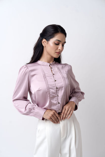 Pleated Metal Button Premium Satin shirts for women