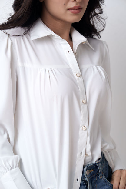 White Front Gathered Casual Top shirts for women