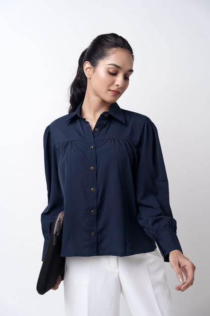 Navy Blue Front Gathered Casual Top shirts for women