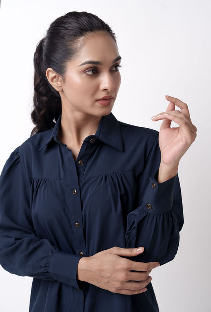 Navy Blue Front Gathered Casual Top shirts for women