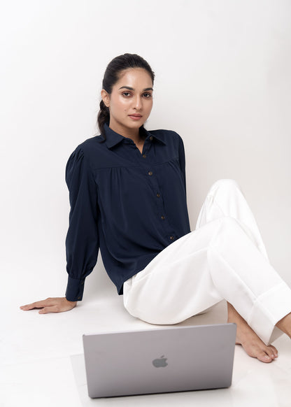 Navy Blue Front Gathered Casual Top shirts for women